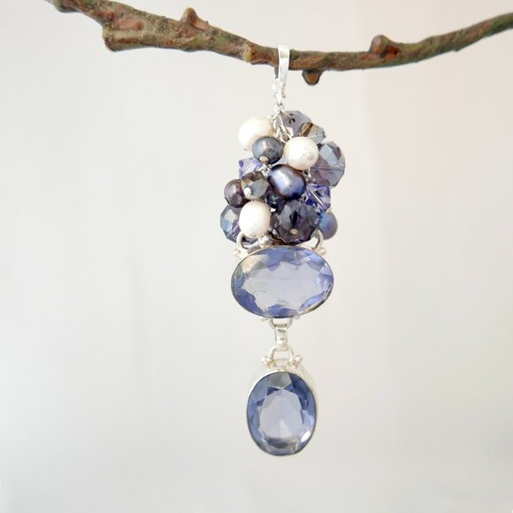 Freshwater Pearl Cluster Pendant - Swarovski Crystals, Iolite -  Sterling Silver - Picture 2 of 5